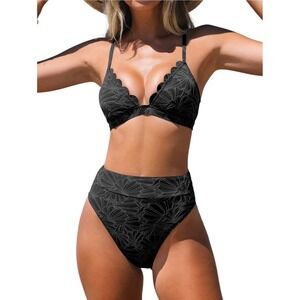 Cupshe Black Textured Floral Scalloped V-Neck High Waisted Bikini Set Size L NEW